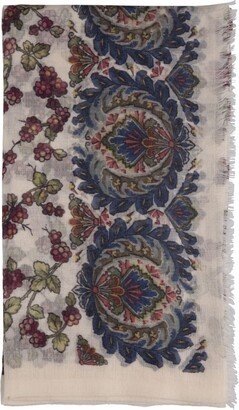 White Scarf With Berries Print And Paisley Trim