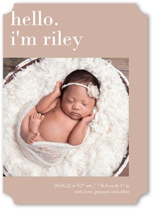 Birth Announcements: Hello I Am Birth Announcement, Brown, 5X7, Pearl Shimmer Cardstock, Ticket-AA