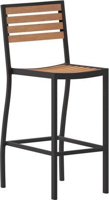 Lark Commercial Grade Bar Height Stool, All-Weather Outdoor Bar Stool with Faux Wood Poly Resin Slats and Aluminum Frame, Teak