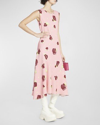 Floral-Print Midi Dress with Asymmetric Hem