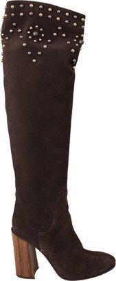 Brown Suede Studded Knee High Shoes Women's Boots
