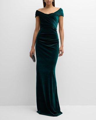 Ruched Off-Shoulder Velvet Column Gown