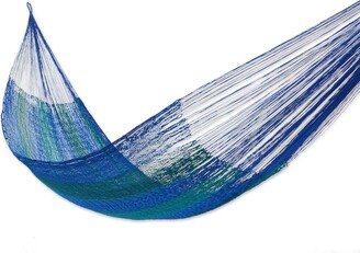 Cool Turquoise and Blue Stripe Hand Knotted Rope Style Nylon Single Hammock