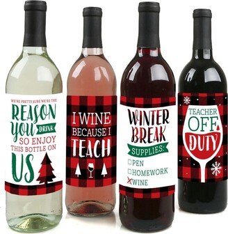 Big Dot Of Happiness Plaid Teacher Appreciation - Christmas Gift Wine Bottle Label Stickers - 4 Ct