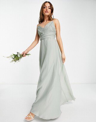 Bridesmaid cami maxi dress with ruched bodice and tie waist in olive