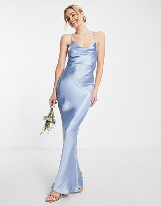 Bridesmaid cami maxi slip dress in high shine satin with lace up back in powder blue