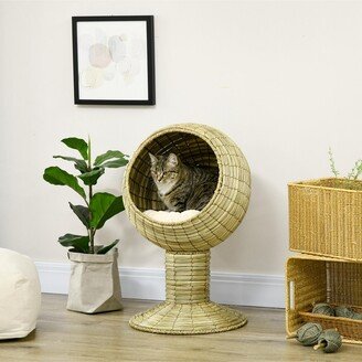 Elevated Cat Bed with Rotatable Egg Chair Pod, Cat Basket Bed with Thick Cushion, Natural Mat Grass Woven Kitty House, 16 Dia. x 28 H - Yello