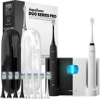 AQUASONIC Duo PRO - Dual Handle Whitening Smart Toothbrushes with UV Sanitizing Base & 10 DuPont Brush Heads & 2 Travel Cases