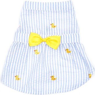 The Worthy Dog Ebroidered Rubber Ducks Stripe Seersucker Adjustable Pet Dress - Light Blue/White - M