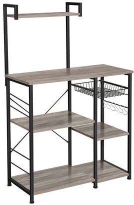 VASAGLE Baker’s Rack with Shelves, Kitchen Shelf with Wire Basket, 6 S-Hooks, Microwave Oven Stand, Greige and Black