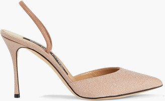 Godiva suede-trimmed glittered woven slingback pumps