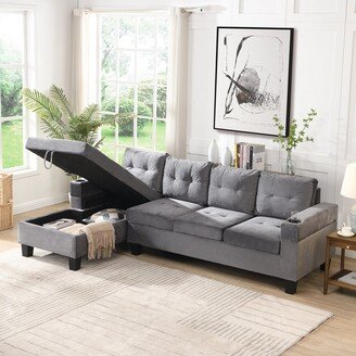 GREATPLANINC L-shape 4 Seat Sectional Sofa Set Grey Velvet Couch Set for Living Room Sofa with Cup Holder and Left Hand Storage Chaise Couch