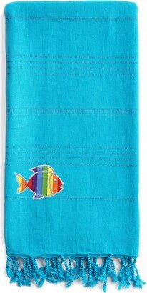 100% Turkish Cotton Summer Fun Sparkling Rainbow Fish Pestemal Beach Towel - Turquoise