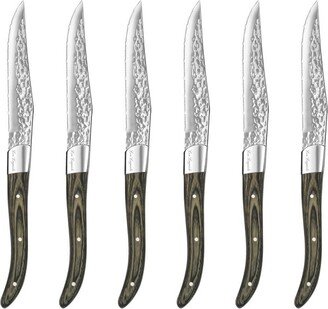 Lou Laguiole Vulcano Steak Knives, Set of 6, Hardened Hammered Stainless Steel, Triple Rivet Pakka Wood Ergonomic Handle, Serrated Edge 4 Inch