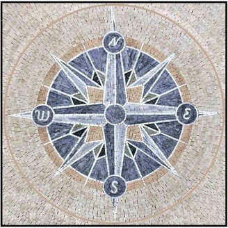 Square Compass Rose Nautical Marble Mosaic Medallion Tiles. Customization Available, Handcrafted & Handcut Roman Mosaics