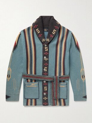 Shawl-Collar Belted Indigo-Dyed Cotton-Blend Jacquard Cardigan