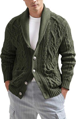 IJKEID Men's Button Up Cardigan Long Sleeve Lapel Coats Solid Color Jacquard Pockets Crochet Outerwear Autumn Knitwear Green