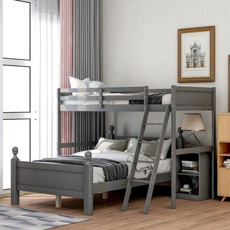 TOSWIN Modern Pine Wood Twin over Full Loft Bed with Full Length Guardrail, Inclined Ladder and Cabinet