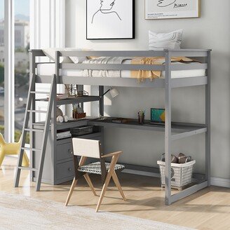 Twin Size Loft Bed with Desk and Shelves, Two Built-in Drawers