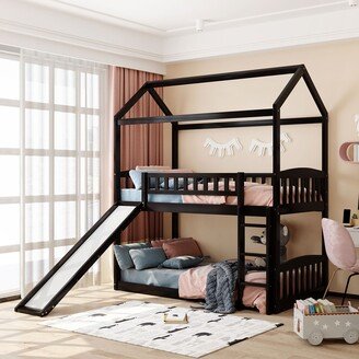 GEROJO Solid Pine Wood Twin Over Twin Bunk Bed House Bed, Ladder and Slide Can Be Installed on The lLeft or Right Side