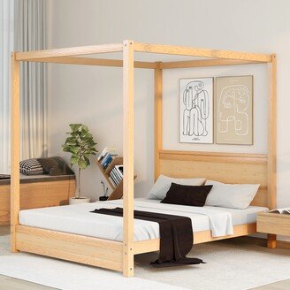 Calnod Queen Size Wooden Canopy Platform Bed with Headboard for Bedroom, Walnut Finish