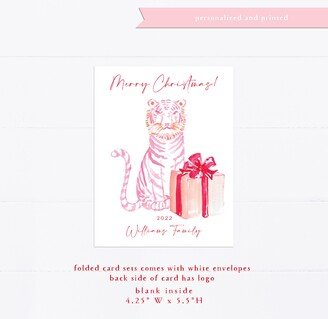 Christmas Card, Personalized Pink Tiger, Wreath, Watercolor, Monogram, Gift For, Feminine, Girly, Holiday Holidays