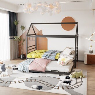 Twin Size Metal House Shape Platform Bed with Trundle-AB