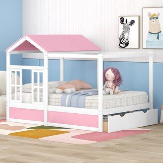 BESTCOSTY Full Size House Bed with Roof, Window and Drawer-Available in 4 colors