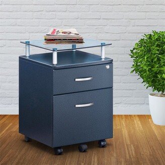 Tiramisubest Mobile File Cabinet with 2 Drawers&Glass Top,Navy Blue