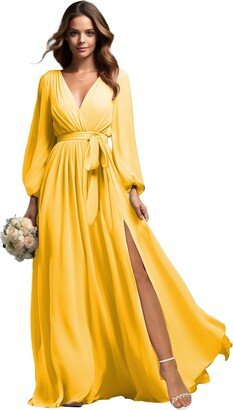 Kissey Prom Mustard Yellow Chiffon Bridesmaid Dresses with Slit for Women Long Sleeve Formal Dress Evening Prom Gown US14