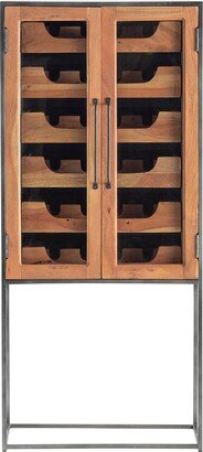 Elevated 59H Glass, Acacia Wood & Black Metal Wine Cabinet - 60'' H x 27'' L x 14'' D