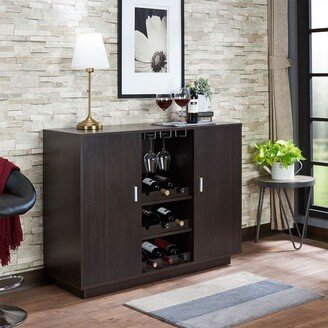 TOSWIN Contemporary Server in Espresso 2 Wooden Front Doors Top Open Compartment with Stemware Rack Base with Wine Bottle Rack