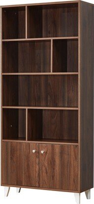 IGEMAN Walnut 68''H Wood Standing Bookshelf 2 Doors Bookcase with Adjustable Metal Legs, 31.5''L*12''W*68''H, 82LBS