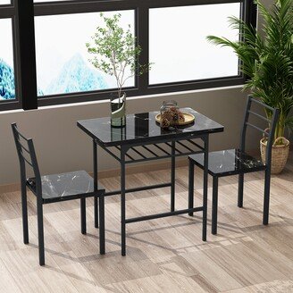 EDWINRAYLLC Modern 3-Piece Dining Table Set with 2 Armless High Backrest Chairs for Diningroom Black Frame Multipurpose Table w/Lower Shelf