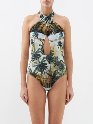 Hidden Paradise-print Halterneck Swimsuit