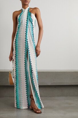 Metallic Crochet-knit Halterneck Maxi Dress - Blue