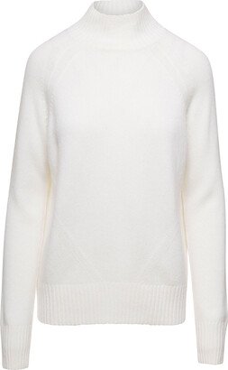 White Mockneck Sweater With Ribbed Trim In Cashmere Woman