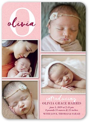 Birth Announcements: Monogram Welcome Girl Birth Announcement, Pink, Standard Smooth Cardstock, Rounded