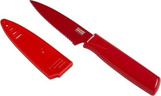 Colori Non-Stick Serrated Paring Knife with Safety Sheath, 4 inch, Red