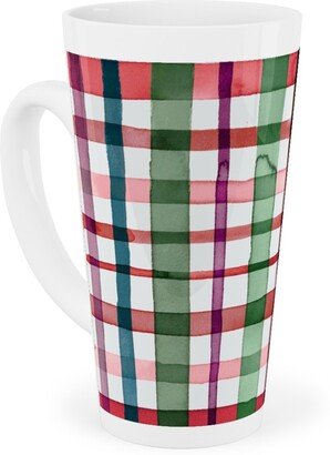 Mugs: Watercolor Gingham - Red And Green Tall Latte Mug, 17Oz, Multicolor