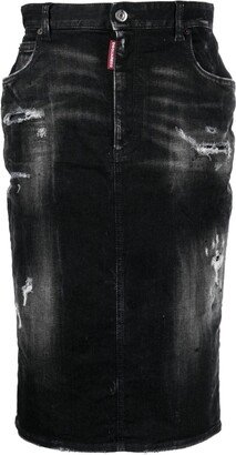 Distressed-Effect Logo-Patch Midi Skirt