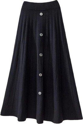 Saeohnssty Knitted Skirt for Women Fall Winter Casual Solid Button A Line High Waist Midi Skirt Black