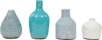 Round Terracotta Vases, Blue and Ivory, Set of 4 - Aqua, Blue, Ivory