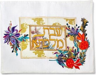 Majestic Hand Embroidered Challah Cover in An Impressive White Design With Colorful Flowers & Gold Pool, Suitable For Shabbat