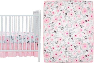 Blossom Pink Watercolor Floral 3-Piece Baby Crib Bedding Set-AA