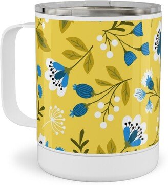 Travel Mugs: Colorful Spring Flowers - Blue On Yellow Stainless Steel Mug, 10Oz, Yellow