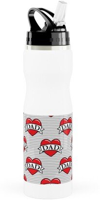 Photo Water Bottles: Dad Heart Tattoo - Red On Grey Stripes Stainless Steel Water Bottle With Straw, 25Oz, With Straw, Red