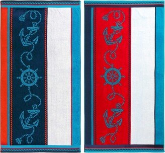 Sailing Cotton Oversized Reversible Beach Towel Set of 2, Blue-Red-White - Blue Nile Mills