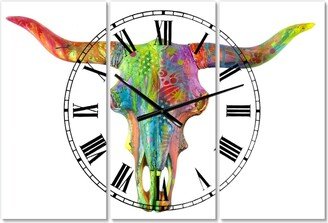 Designart Longhorn Rainbow Skull Oversized Modern 3 Panels Wall Clock - 38