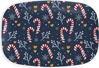 Serving Platters: Candy Canes And Gingerbread Hearts Serving Platter, Blue